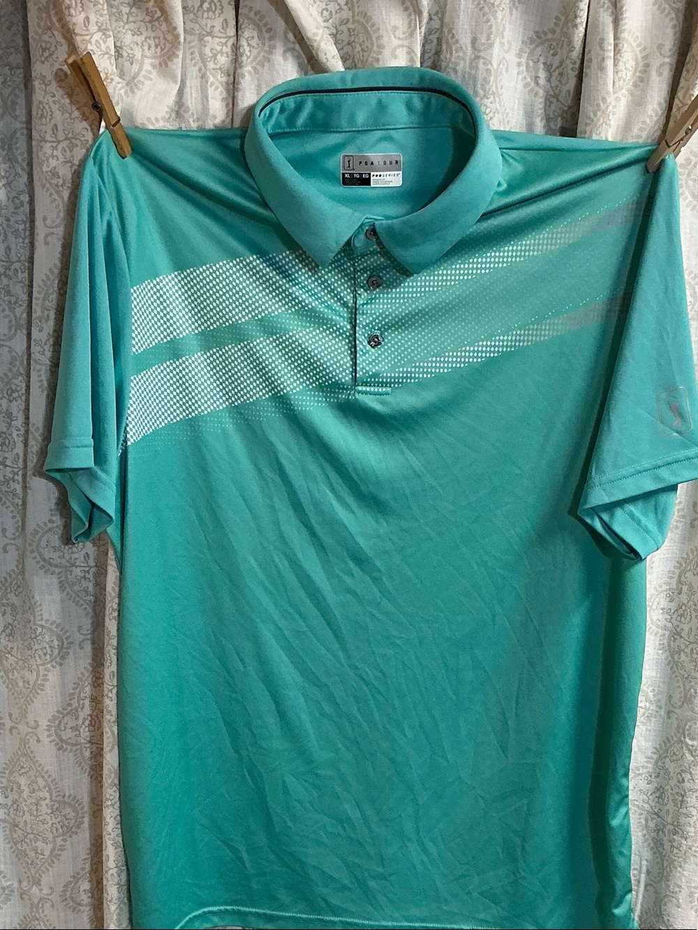 PGA Tour Teal Men's Polo with White Dotted Stripes